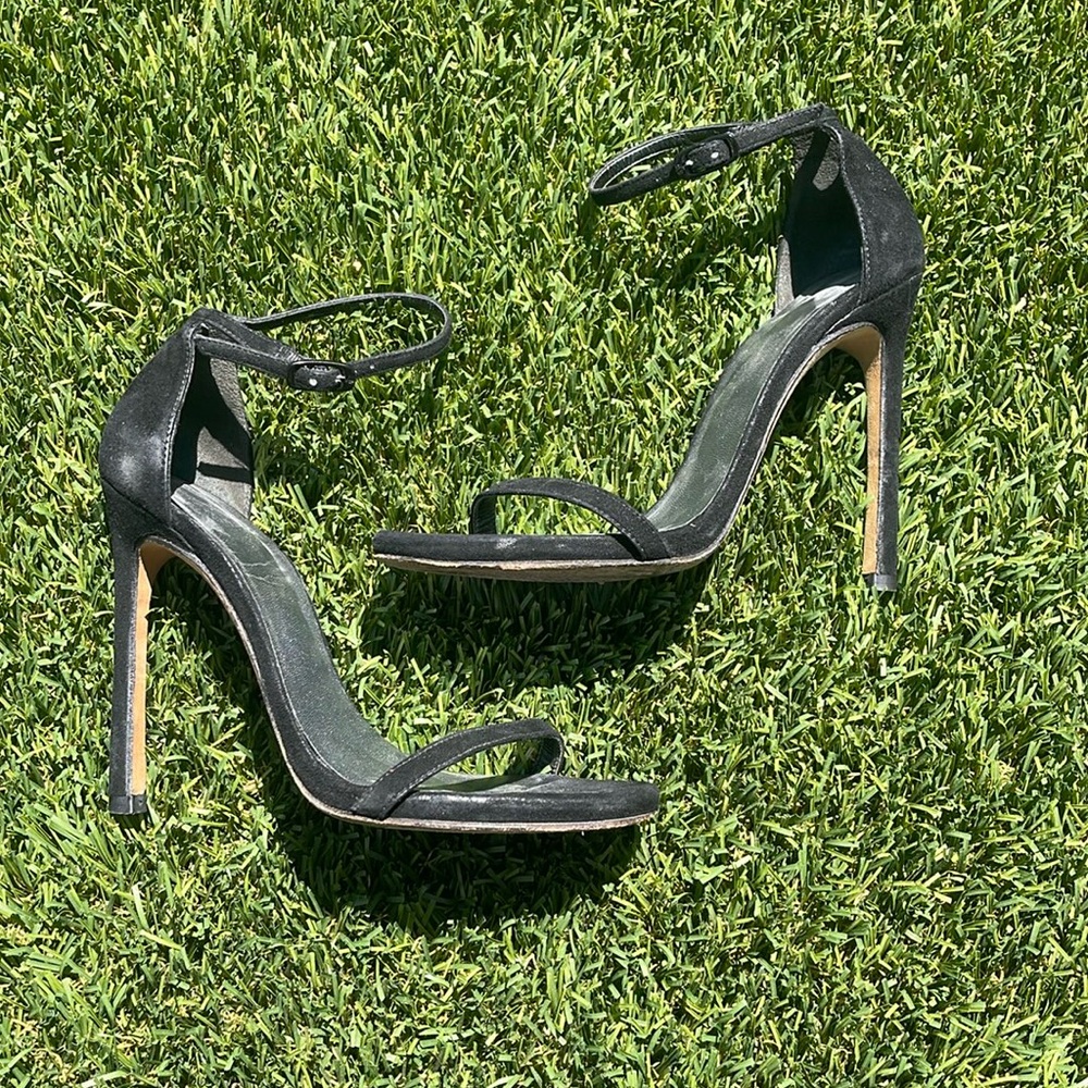 Stuart Weitzman Nudistcurve Strappy Sandal Heel in Black Suede